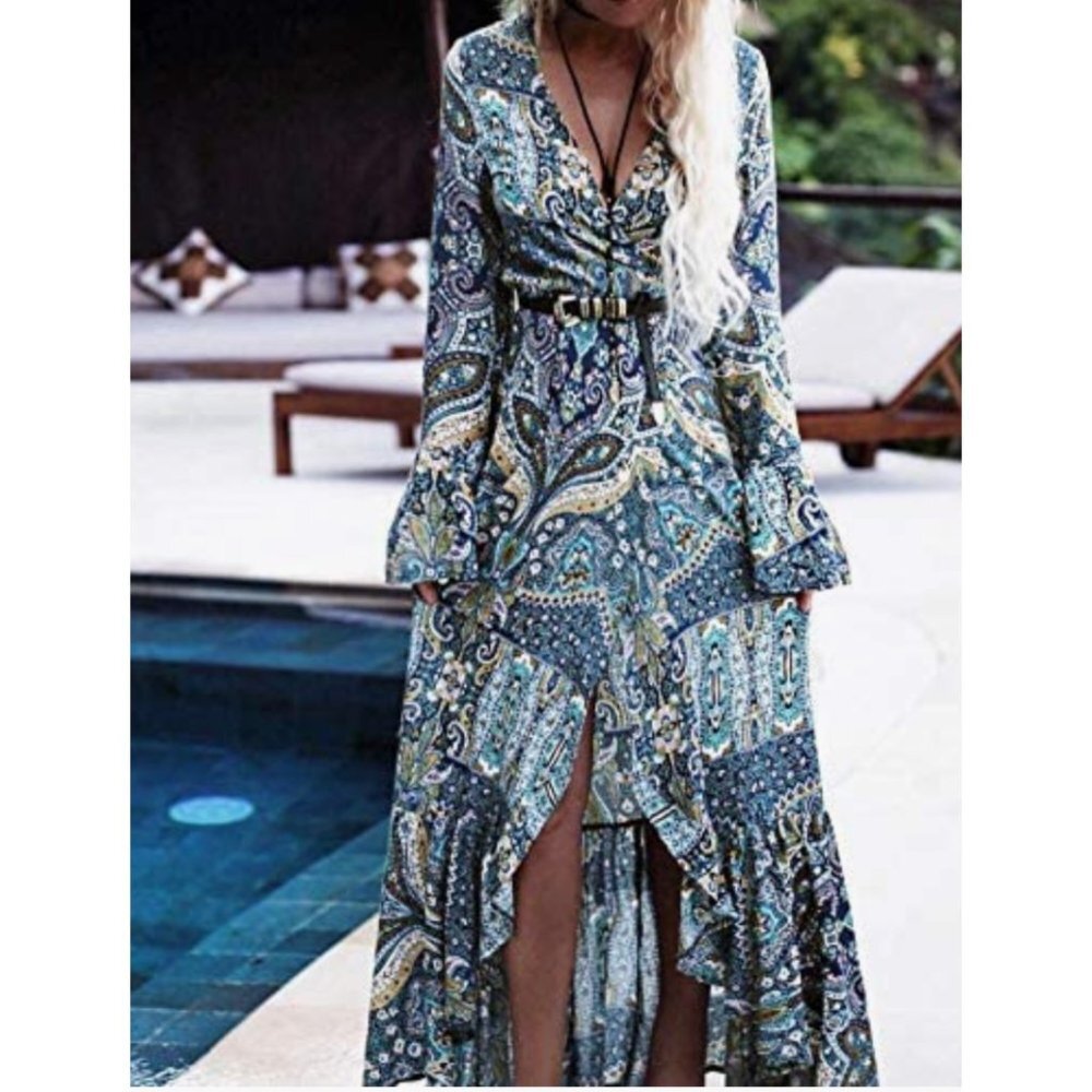 Boho Blue Paisley Tribal Printed Long Sleeve Wrap V-Neck Leg Slit Maxi‎ Dress
